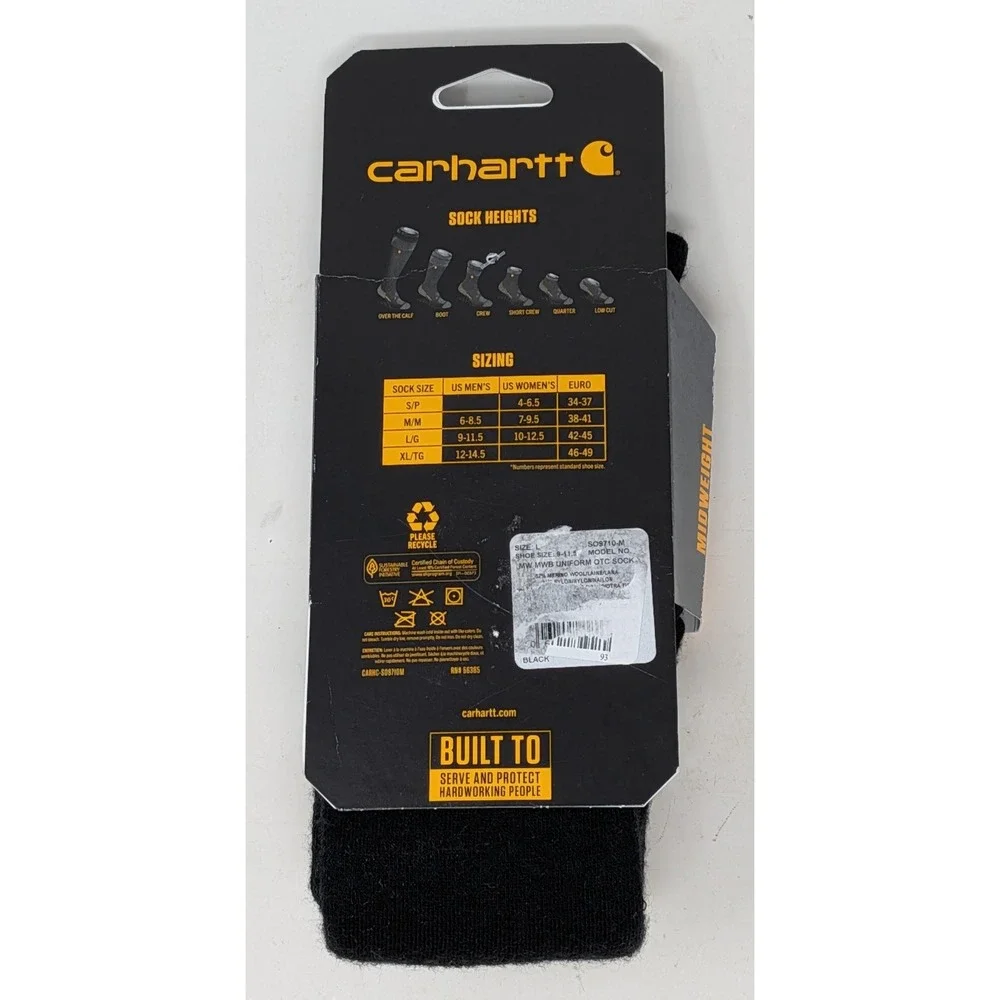 Carhartt Men's Large Merino Wool Midweight Socks Over The Calf Black - New